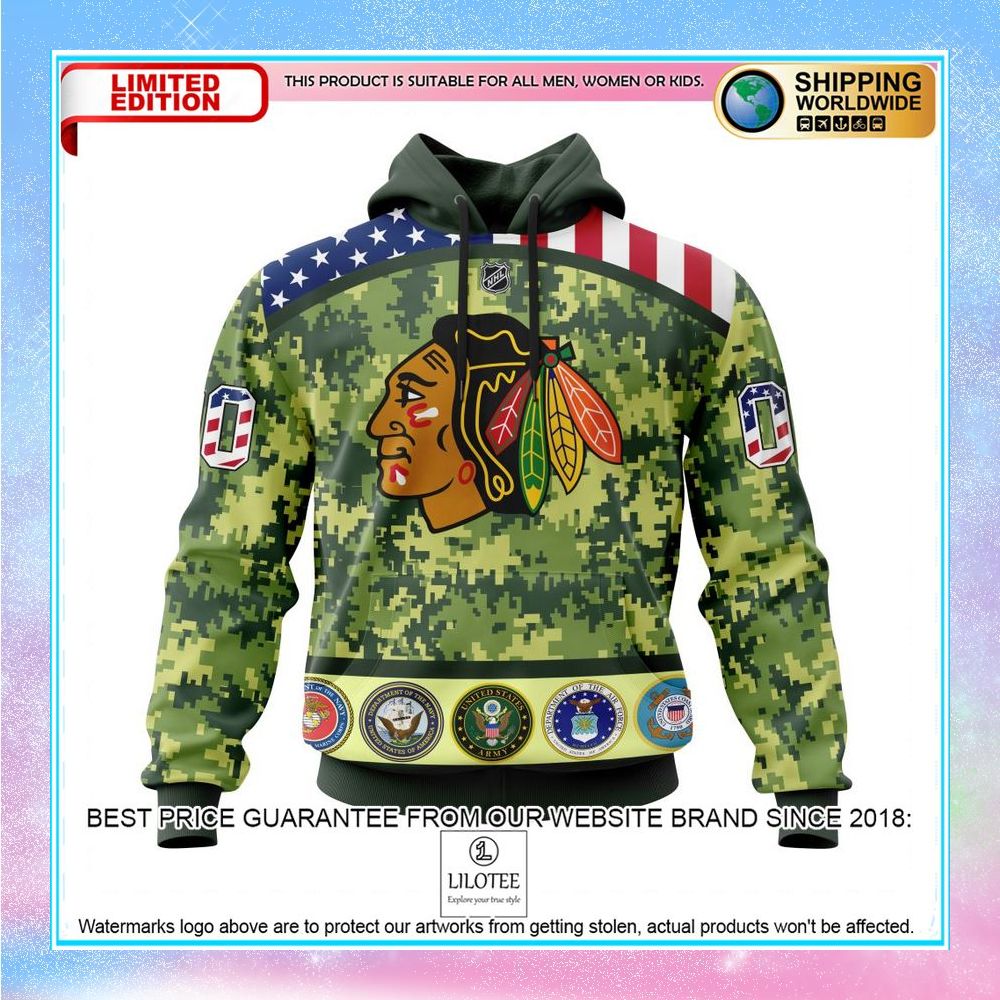 personalized nhl chicago blackhawks honor military with camo shirt hoodie 1 376