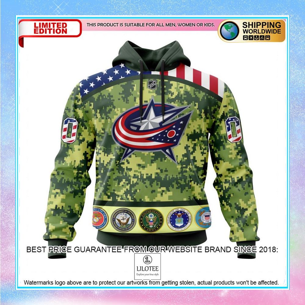 personalized nhl columbus blue jackets honor military with camo shirt hoodie 1 261