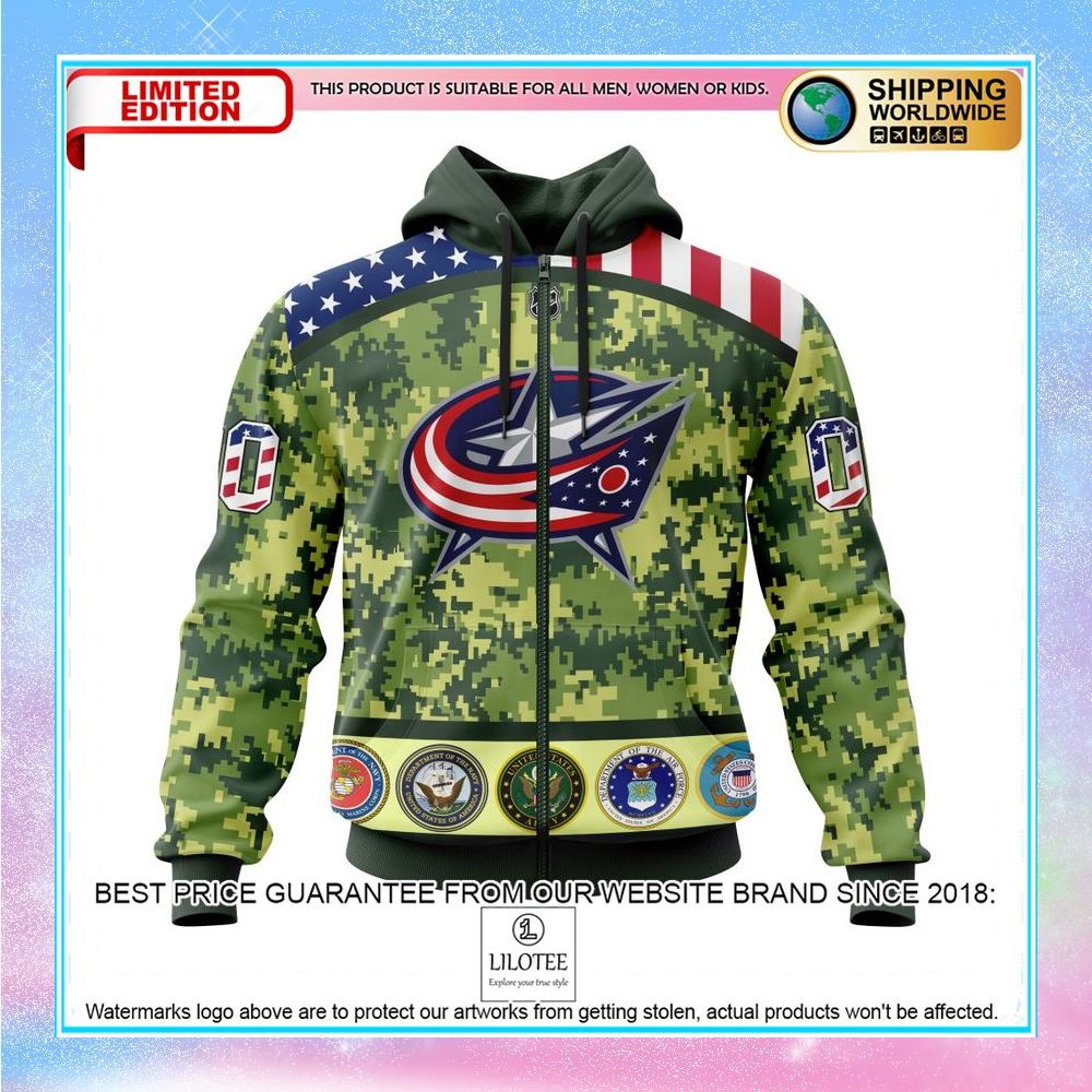 personalized nhl columbus blue jackets honor military with camo shirt hoodie 2 976