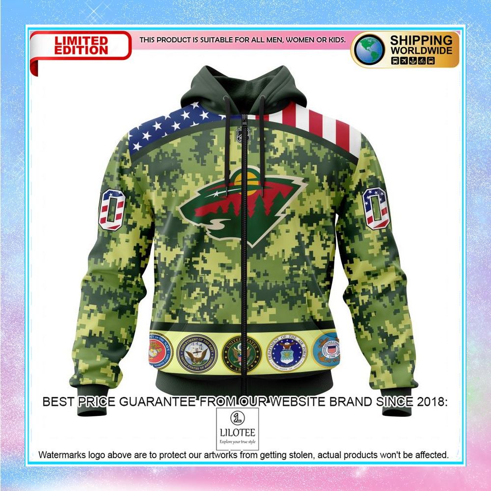 personalized nhl minnesota wild honor military with camo shirt hoodie 2 229