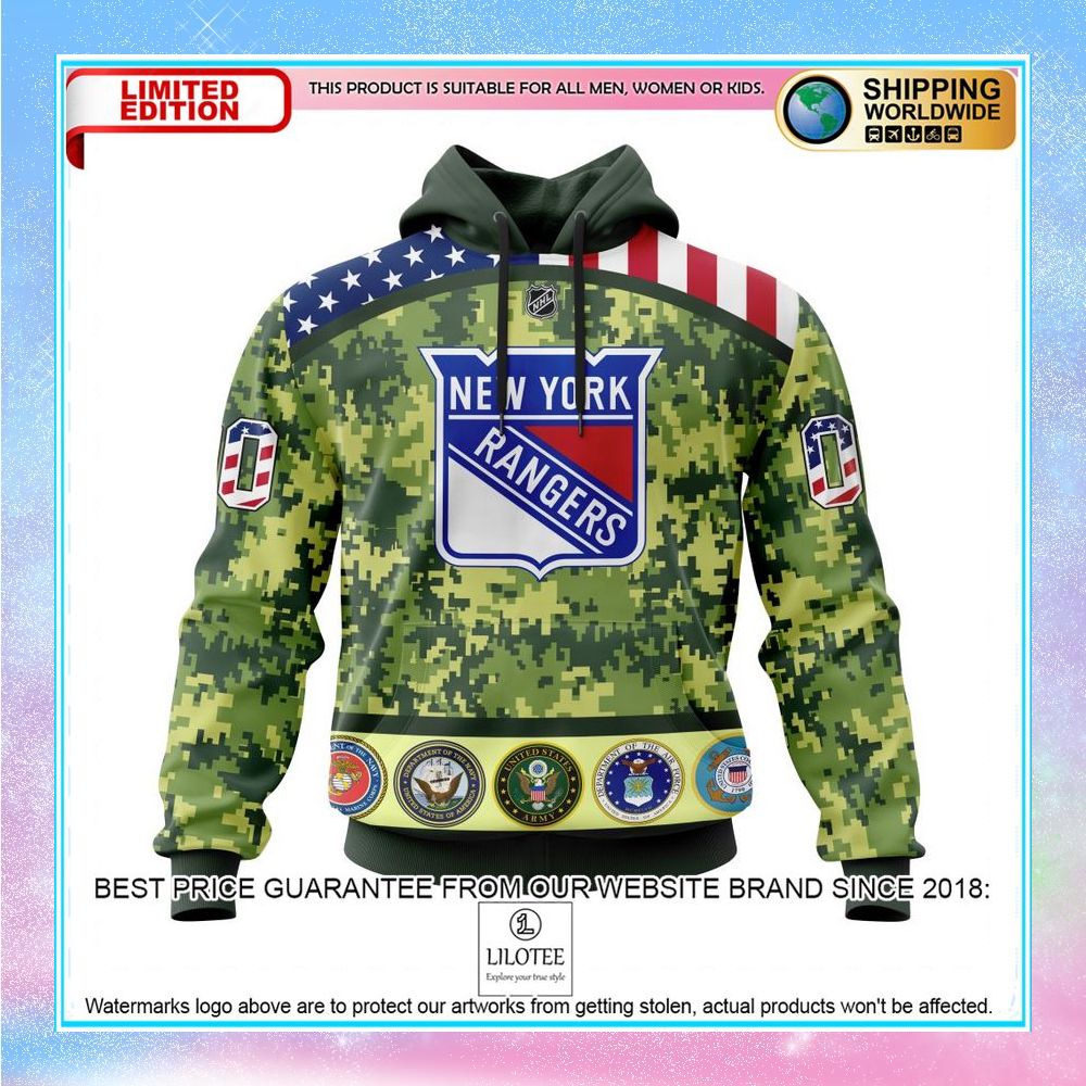 personalized nhl new york rangers honor military with camo shirt hoodie 1 616