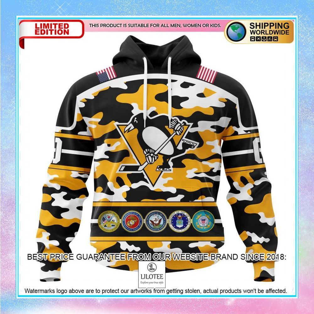 personalized nhl pittsburgh penguins design wih camo team color and military force logo shirt hoodie 1 59