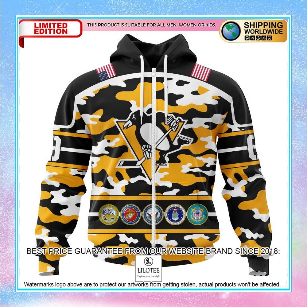 personalized nhl pittsburgh penguins design wih camo team color and military force logo shirt hoodie 2 135