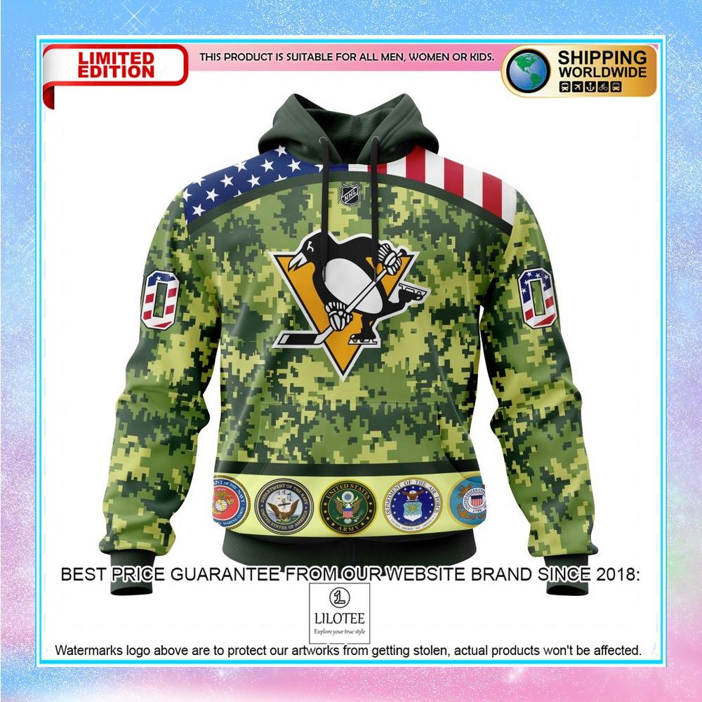 personalized nhl pittsburgh penguins honor military with camo shirt hoodie 1 184