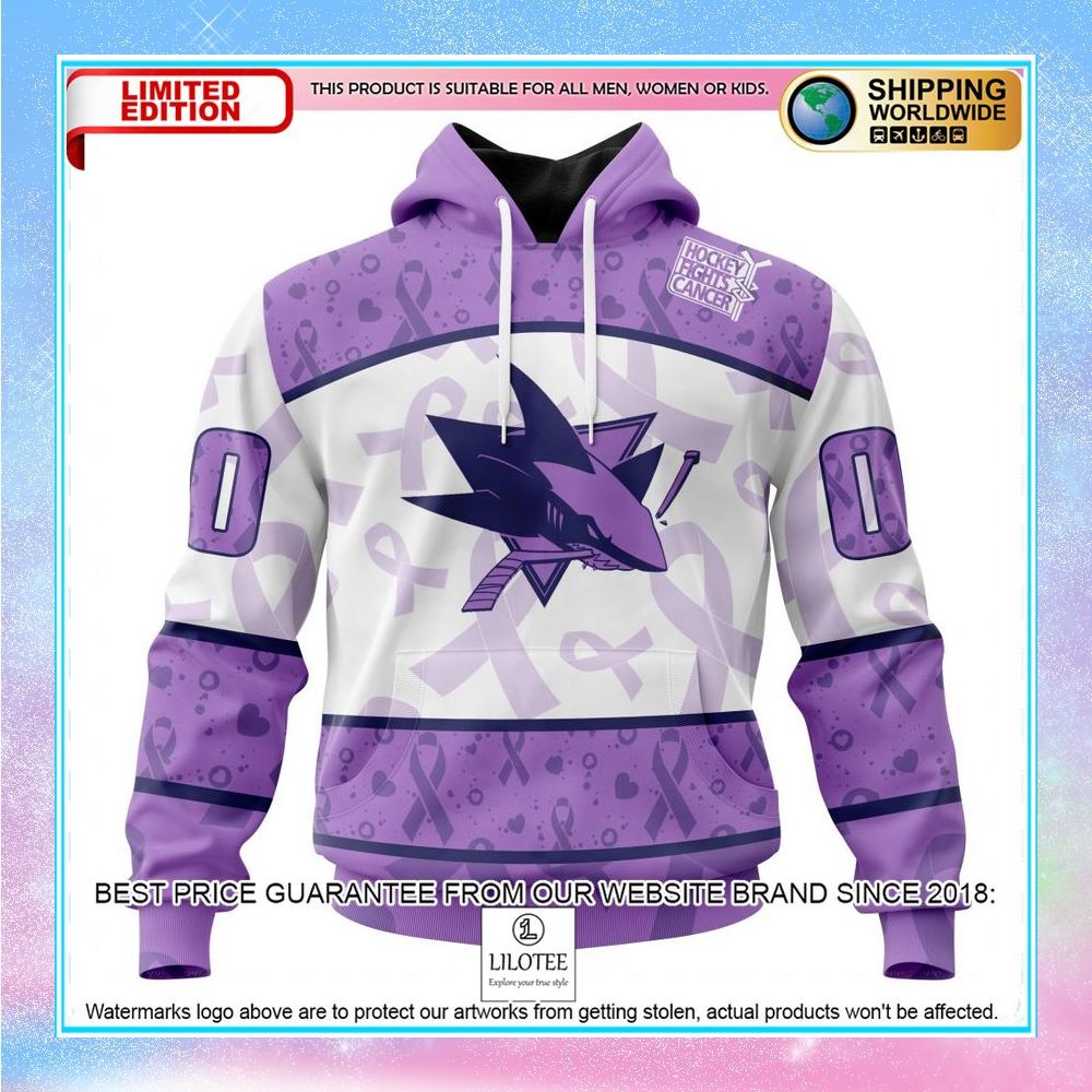 personalized nhl san jose sharks lavender fight cancer shirt hoodie 1 481