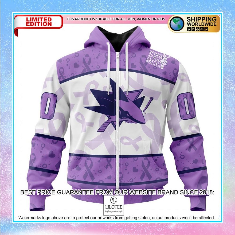personalized nhl san jose sharks lavender fight cancer shirt hoodie 2 723