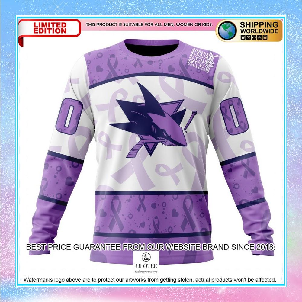 personalized nhl san jose sharks lavender fight cancer shirt hoodie 6 426