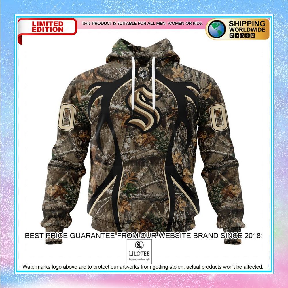 personalized nhl seattle kraken hunting realtree camo shirt hoodie 1 520