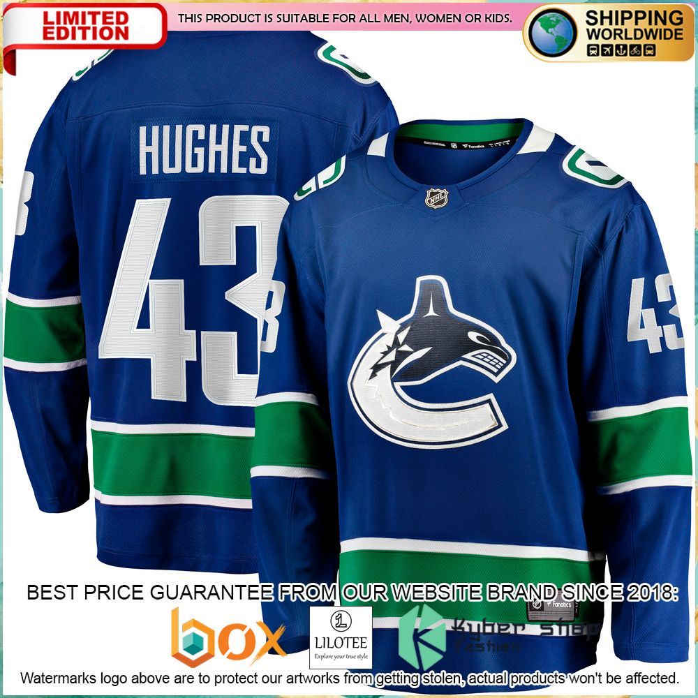 quinn hughes vancouver canucks home breakaway blue hockey jersey 1 295