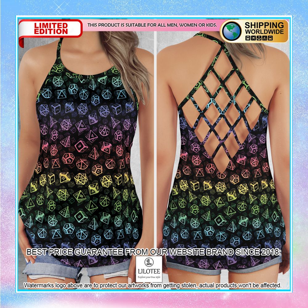 rainbow dice pattern dungeons and dragons criss cross open back tank top 1 708