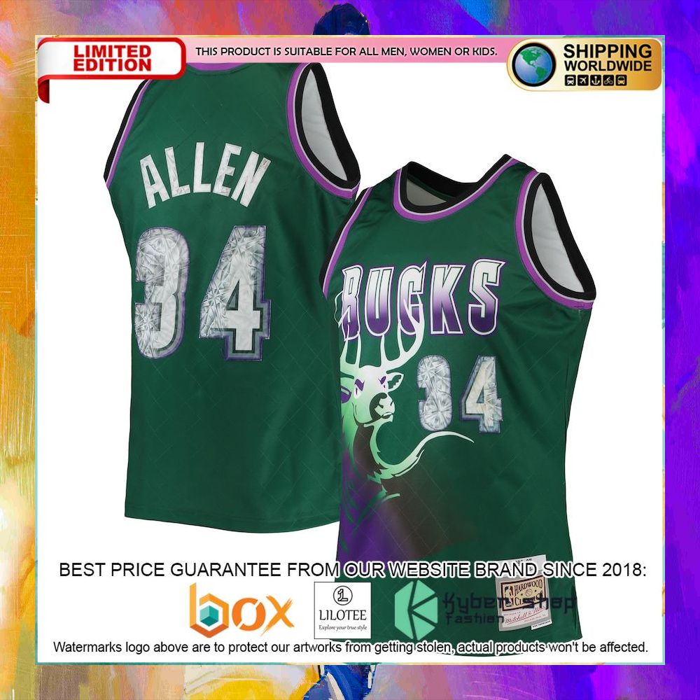 ray allen milwaukee bucks 1996 97 nba 75th anniversary diamond green basketball jersey 1 539