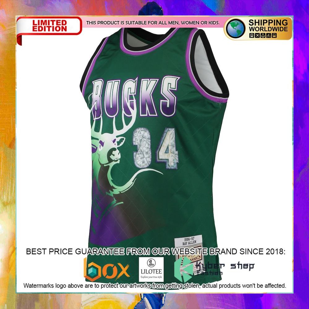 ray allen milwaukee bucks 1996 97 nba 75th anniversary diamond green basketball jersey 2 13