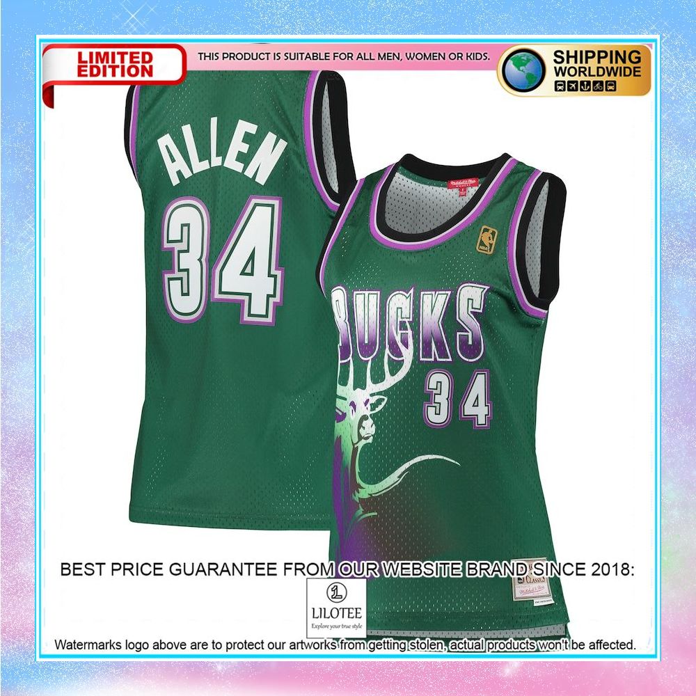 ray allen milwaukee bucks mitchell ness womens 1996 97 hardwood classics green basketball jersey 1 595