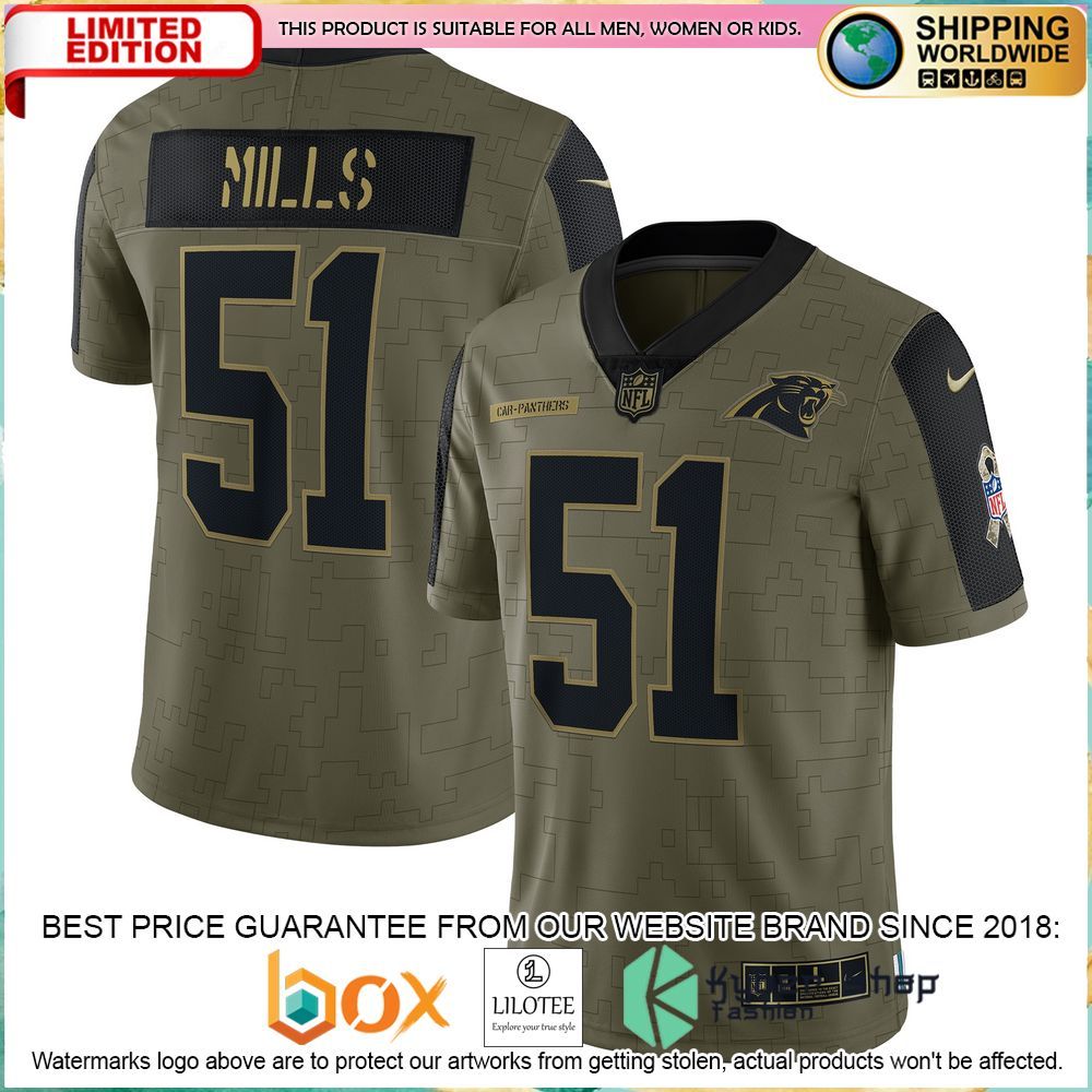 sam mills carolina panthers nike 2021 salute to service retired olive football jersey 1 594