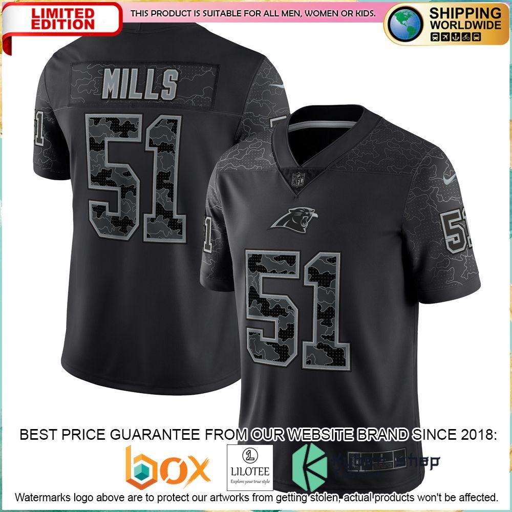 sam mills carolina panthers nike retired rflctv black football jersey 1 82