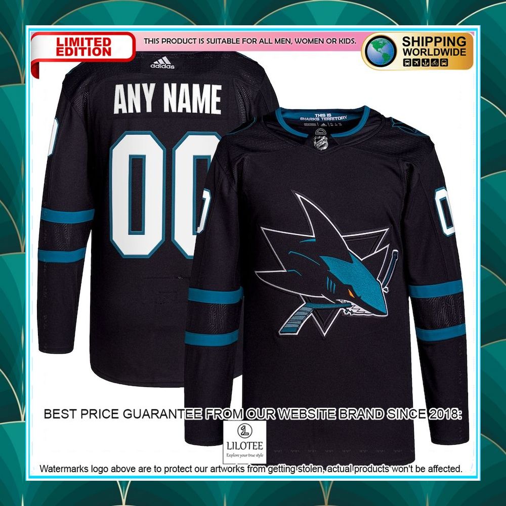 san jose sharks adidas alternate primegreen pro custom black hockey jersey 1 798