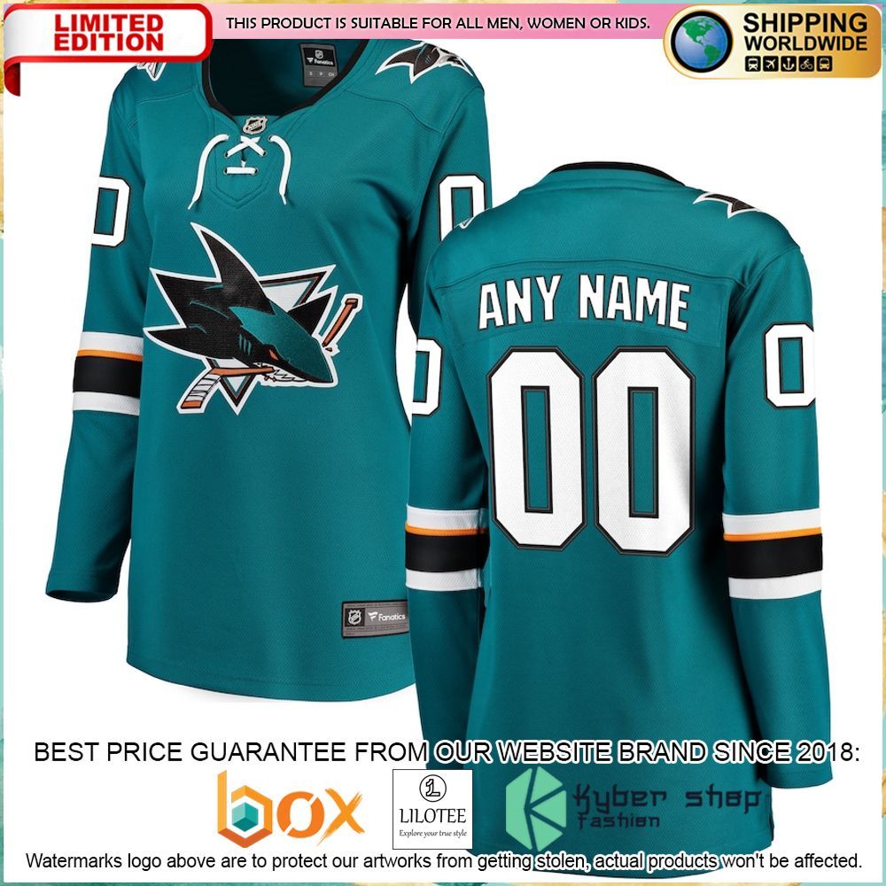 san jose sharks fanatics branded womens 2021 22 home custom teal hockey jersey 1 33