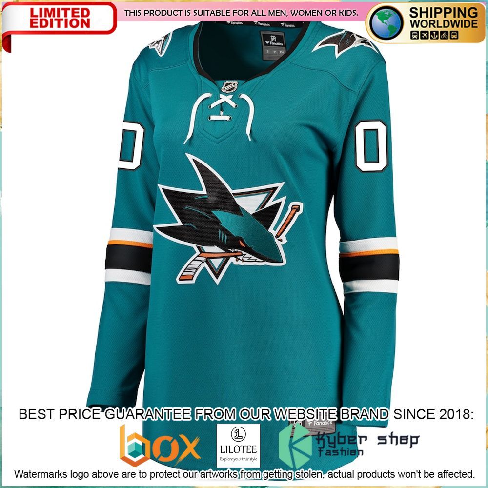 san jose sharks fanatics branded womens 2021 22 home custom teal hockey jersey 2 38