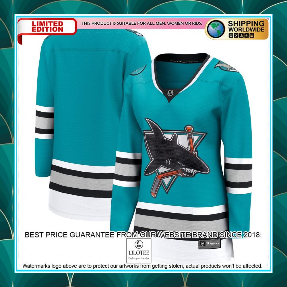 san jose sharks womens 30th anniversary premier team teal hockey jersey 1 531