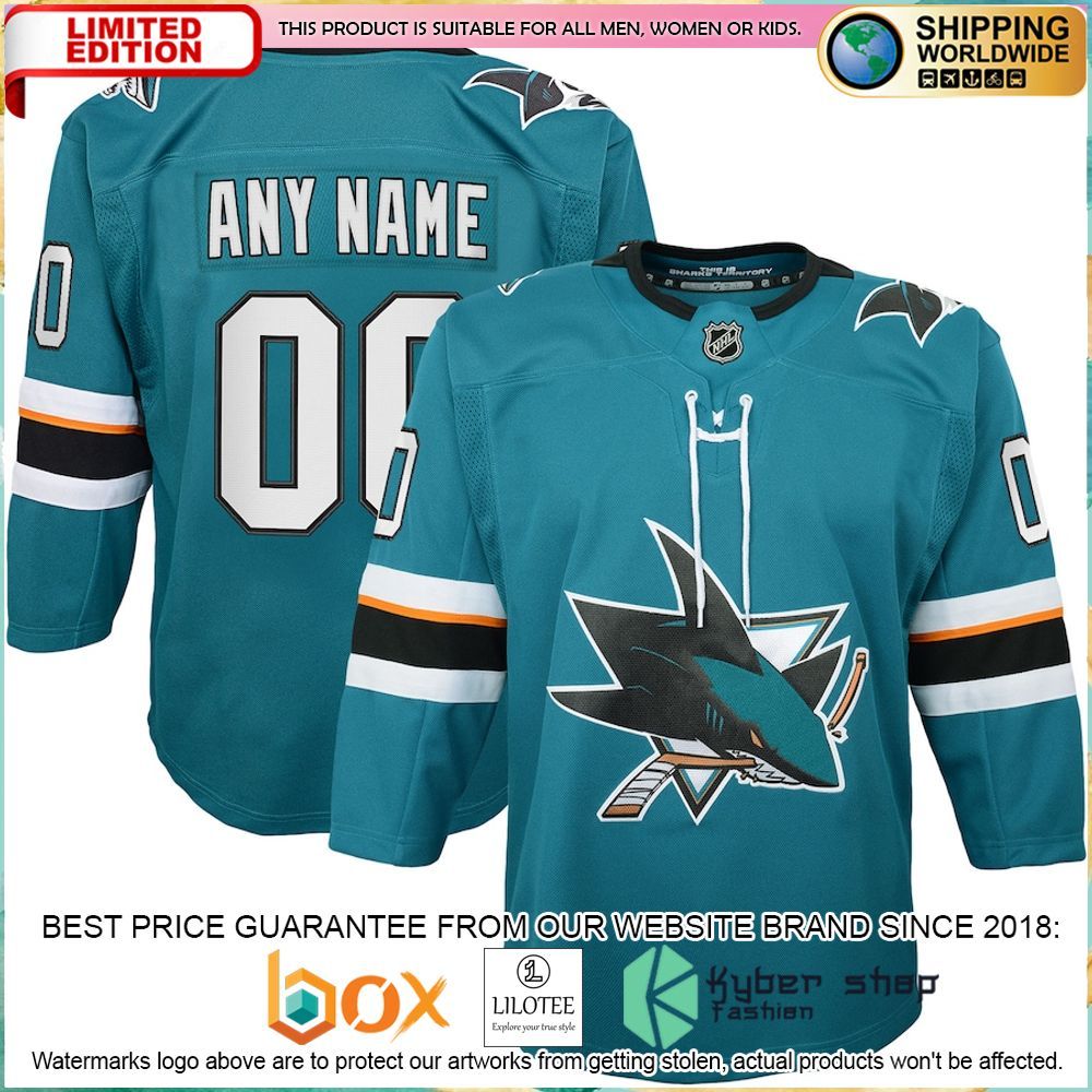 san jose sharks youth 2019 20 home premier custom teal hockey jersey 1 881