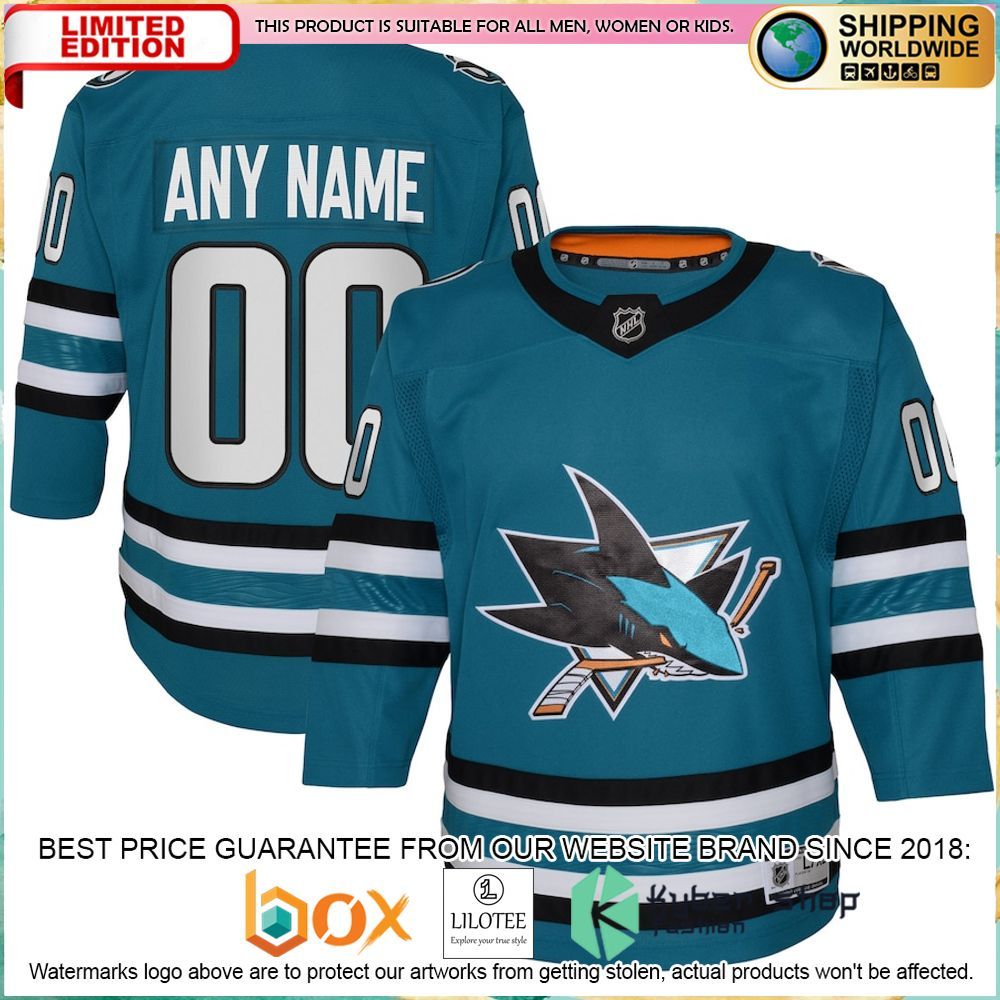 san jose sharks youth premier custom teal hockey jersey 1 244