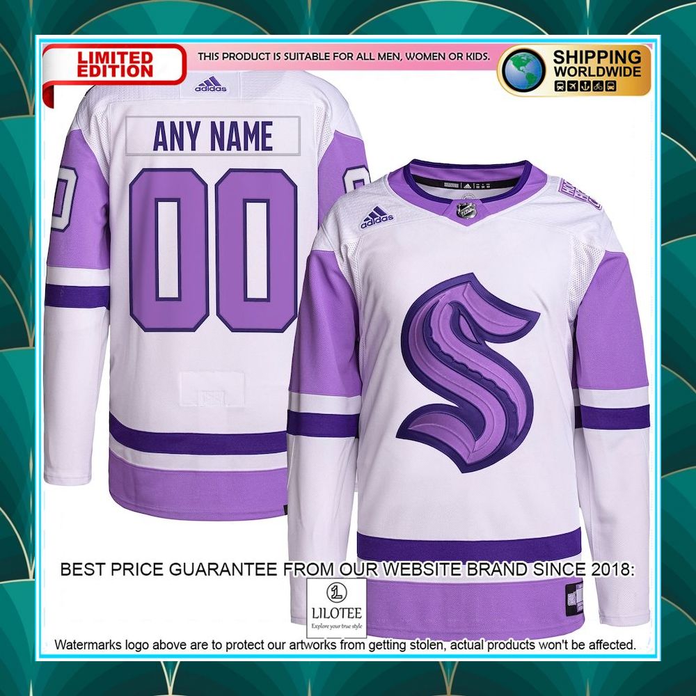 seattle kraken adidas hockey fights cancer primegreen custom white purple hockey jersey 1 467