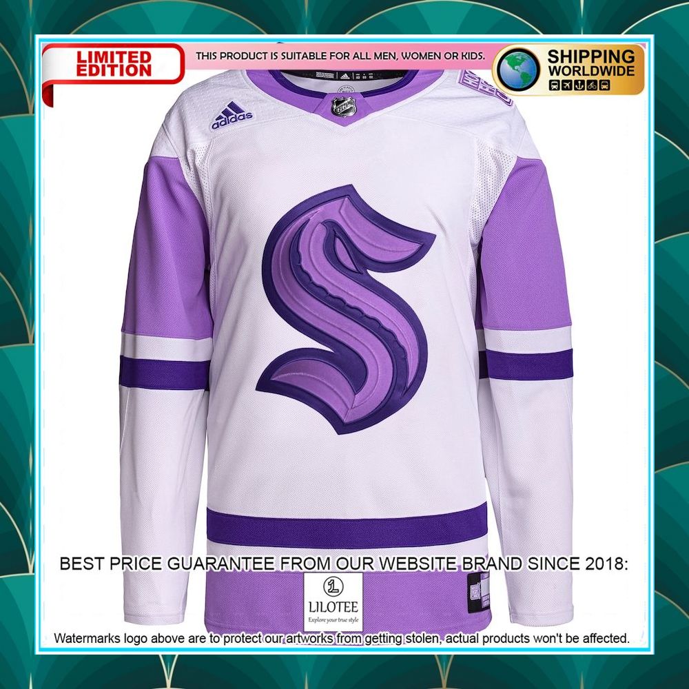 seattle kraken adidas hockey fights cancer primegreen custom white purple hockey jersey 2 23