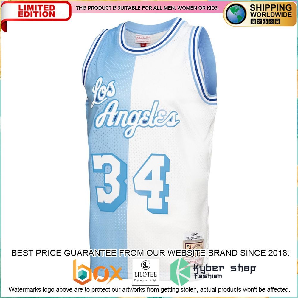shaquille oneal los angeles lakers mitchell ness 1996 97 blue white basketball jersey 2 95