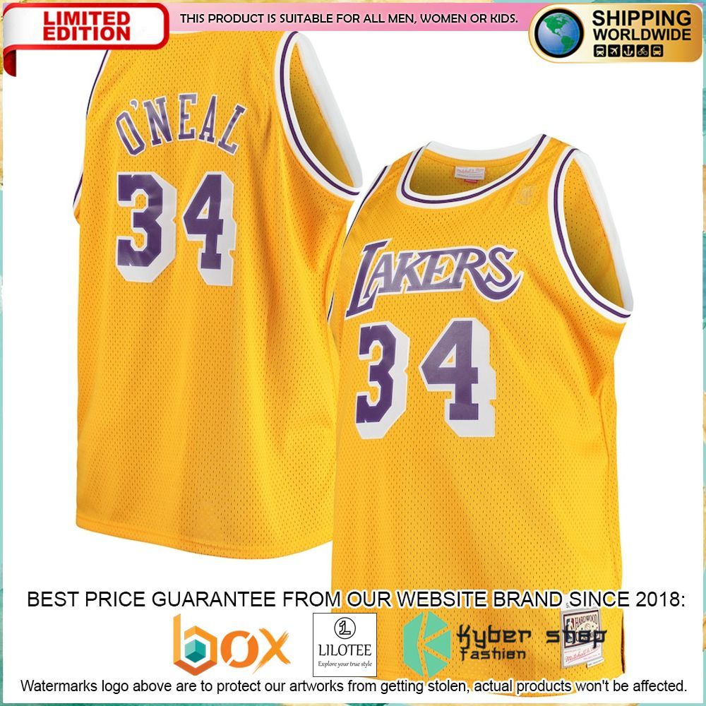 shaquille oneal los angeles lakers mitchell ness big tall gold basketball jersey 1 643