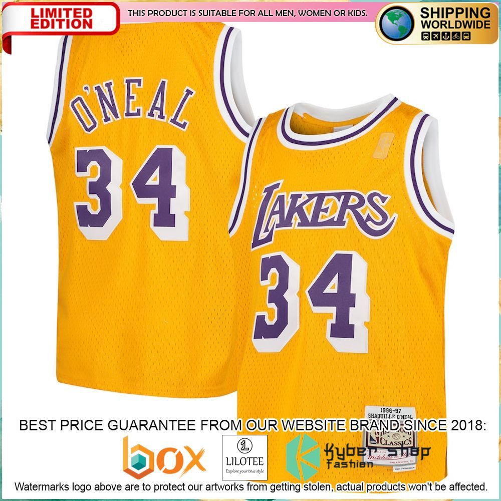 shaquille oneal los angeles lakers mitchell ness youth throwback gold basketball jersey 1 421