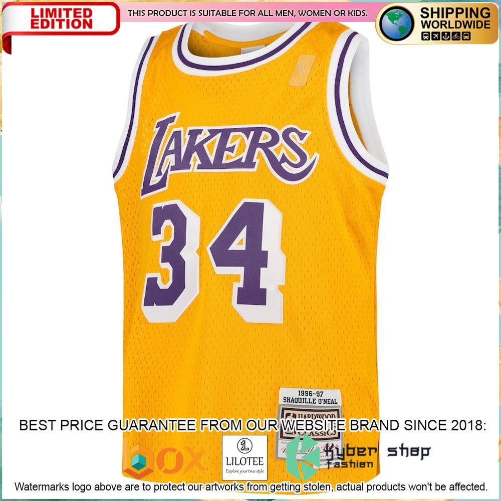 shaquille oneal los angeles lakers mitchell ness youth throwback gold basketball jersey 2 663