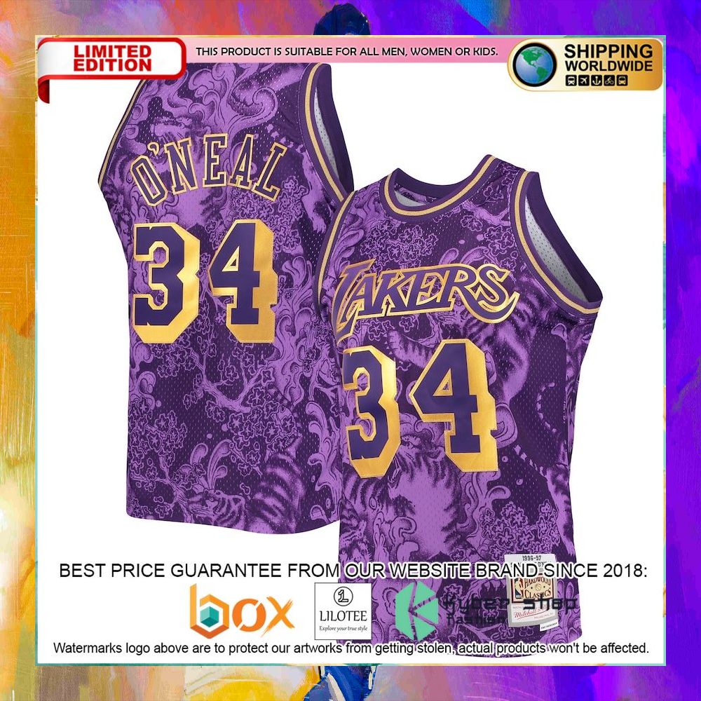 shaquille oneal los angeles lakers team 1996 97 purple basketball jersey 1 896