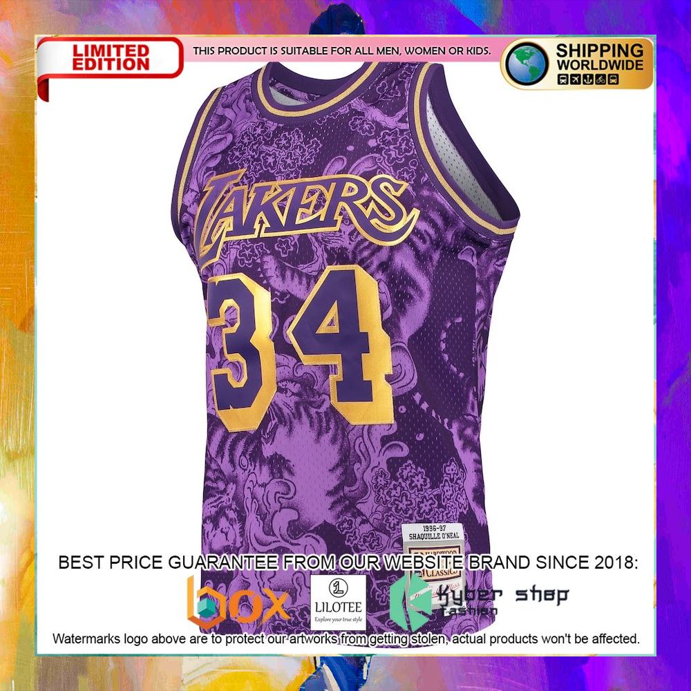 shaquille oneal los angeles lakers team 1996 97 purple basketball jersey 2 291