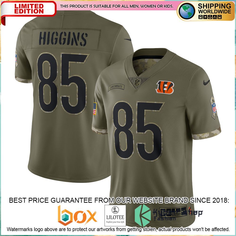 tee higgins cincinnati bengals nike 2022 salute to service olive football jersey 1 335
