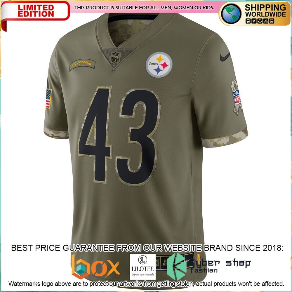 troy polamalu pittsburgh steelers 2022 salute to service retired olive football jersey 2 677