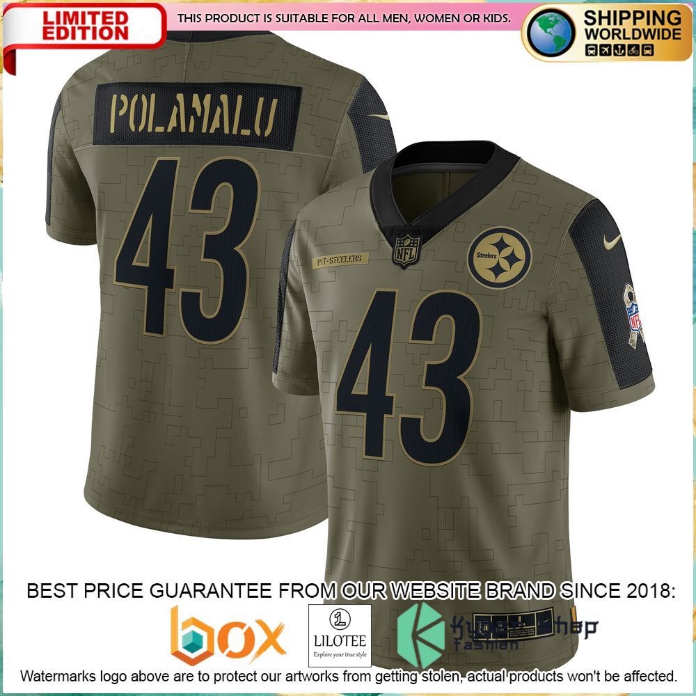 troy polamalu pittsburgh steelers nike 2021 salute to service retired olive football jersey 1 16