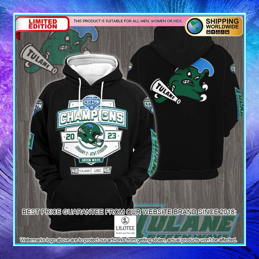 tulane green wave 2023 cotton bowl champions black 3d hoodie shirt 1 689