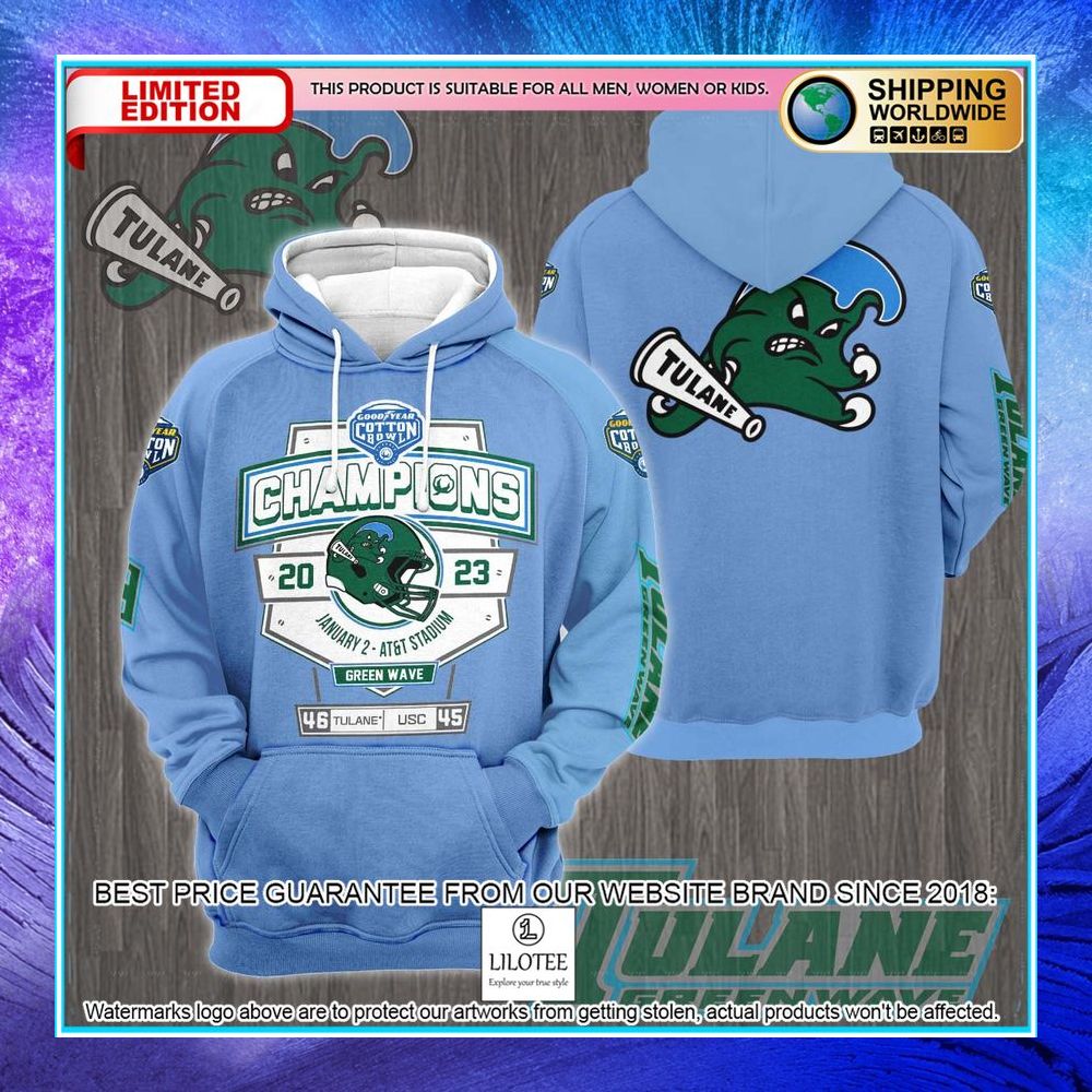 tulane green wave 2023 cotton bowl champions blue 3d hoodie shirt 1 216
