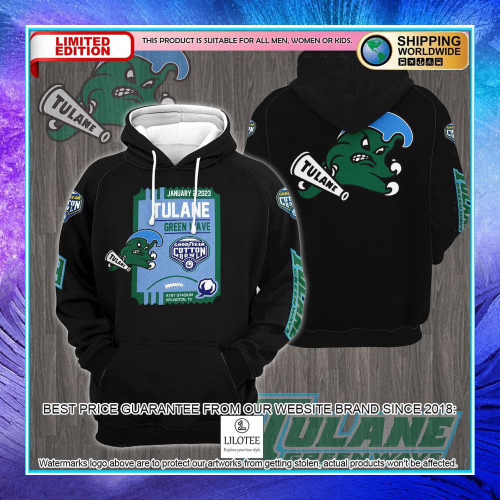 tulane green wave cotton bowl champions january 2023 black 3d hoodie shirt 1 833