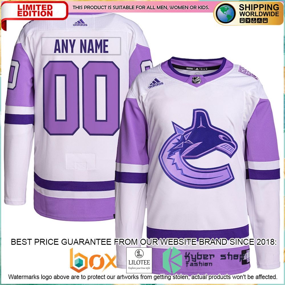vancouver canucks adidas fights cancer custom white purple hockey jersey 1 601