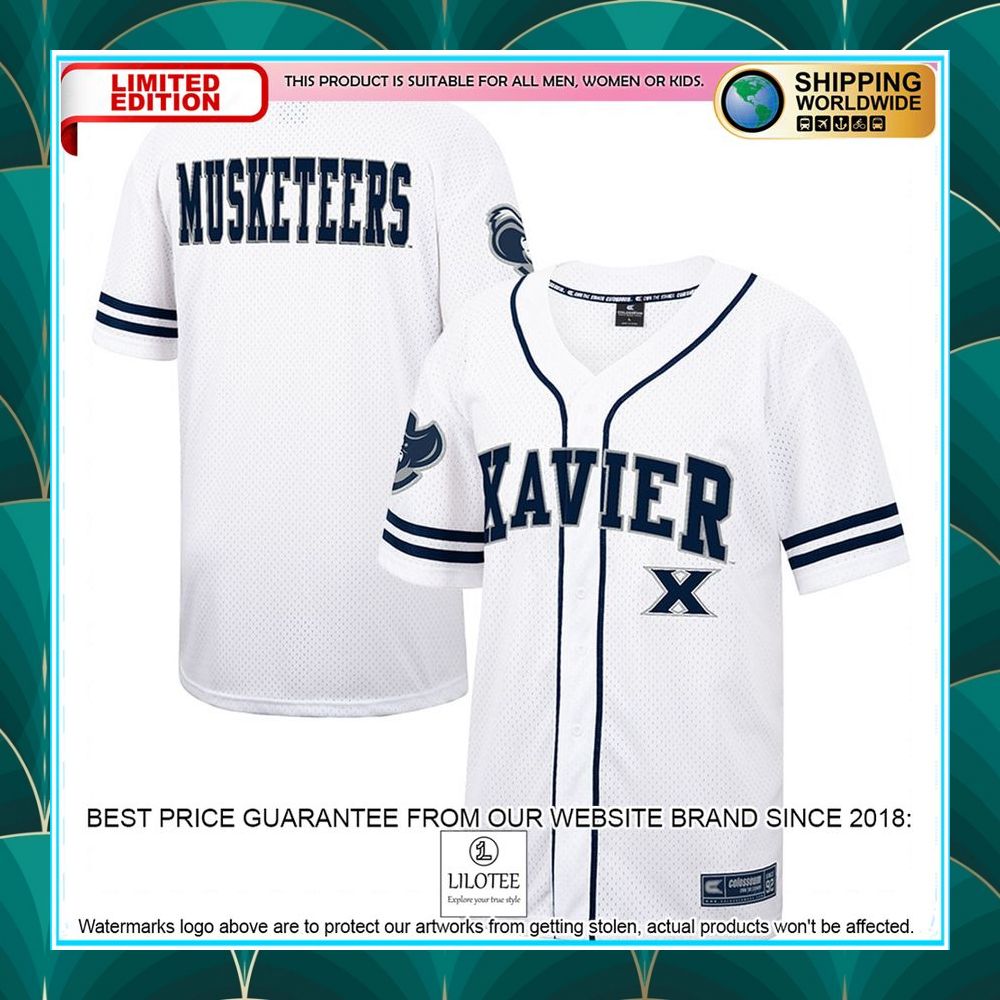 xavier musketeers white navy baseball jersey 1 531