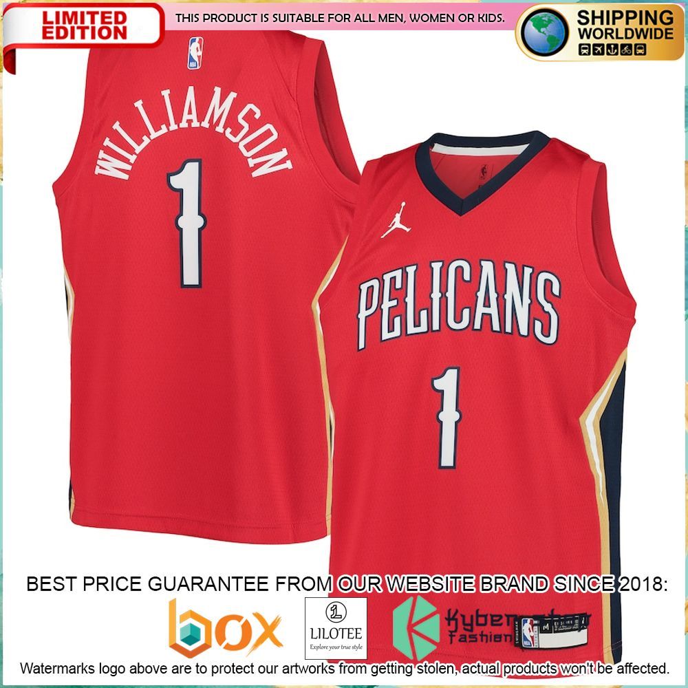 zion williamson new orleans pelicans jordan brand youth 2020 21 red basketball jersey 1 800