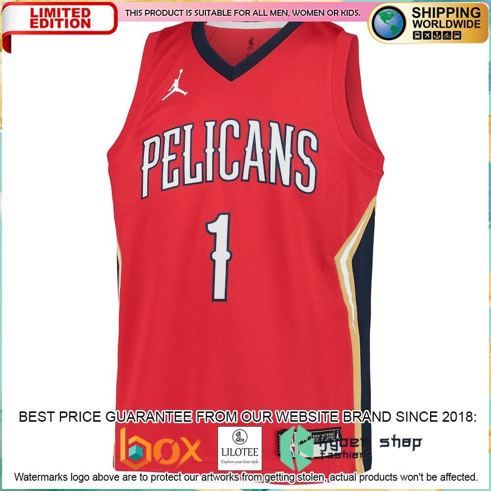 zion williamson new orleans pelicans jordan brand youth 2020 21 red basketball jersey 2 552