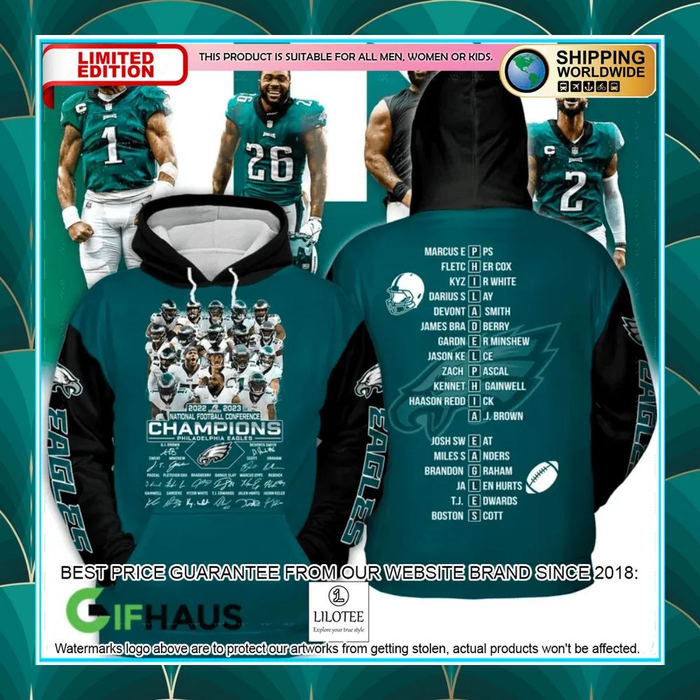 philadelphia eagles 2022 nfc champions signatures shirt hoodie 2 533