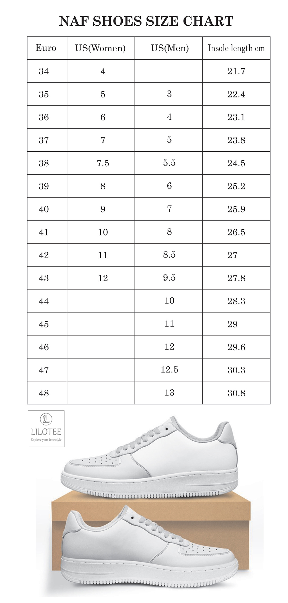 NAF Shoes Size Chart Lilotee