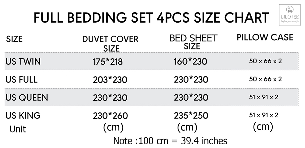 size chart full bedding set 4pcs Lilotee